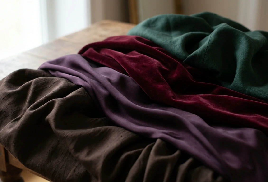 Draped fabrics in chocolate, plum, wine, and forest green layered on a wooden table