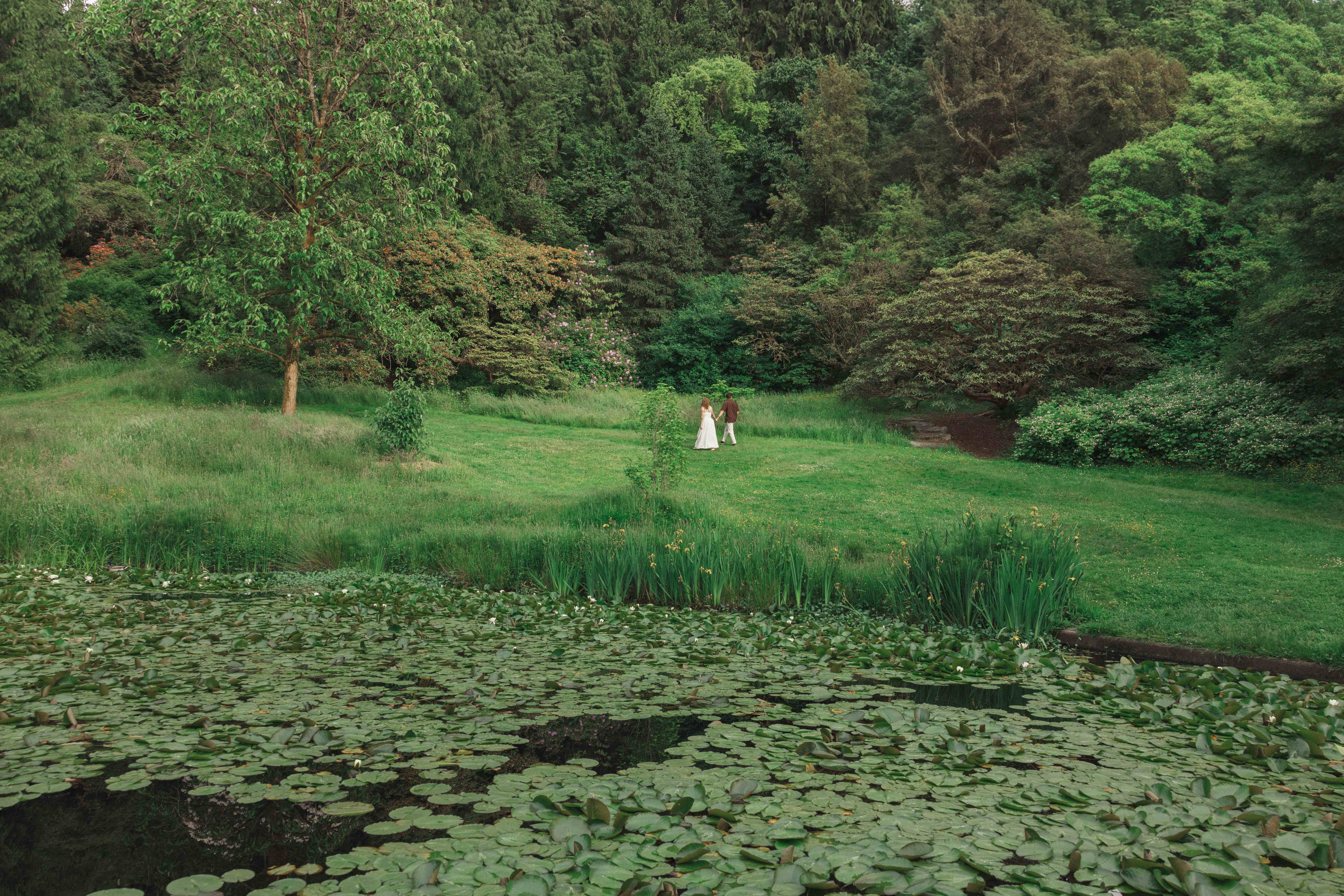 Madison and Evan walking hand in hand through a green garden meadow